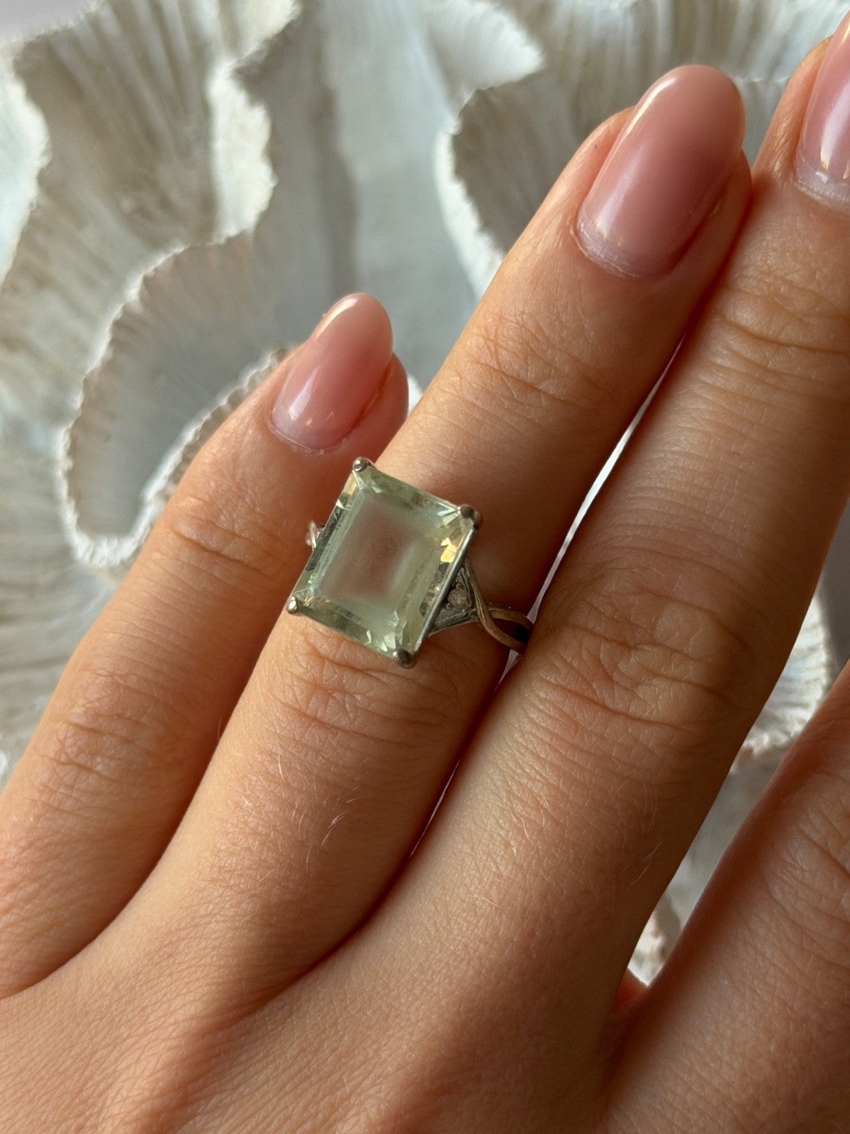 925 Sterling Silver Green Quartz & White Topaz Ring Size 6