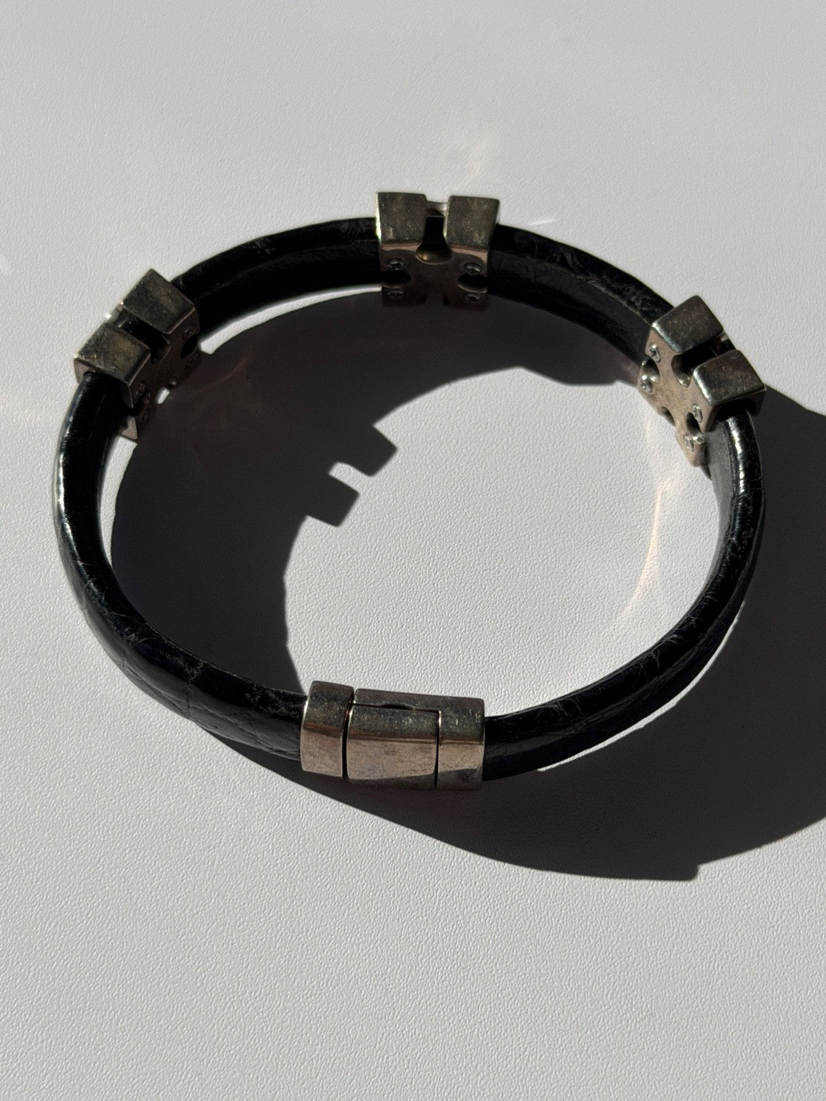 Pat Pend Leather & 925 Sterling Silver Black Agate Bracelet