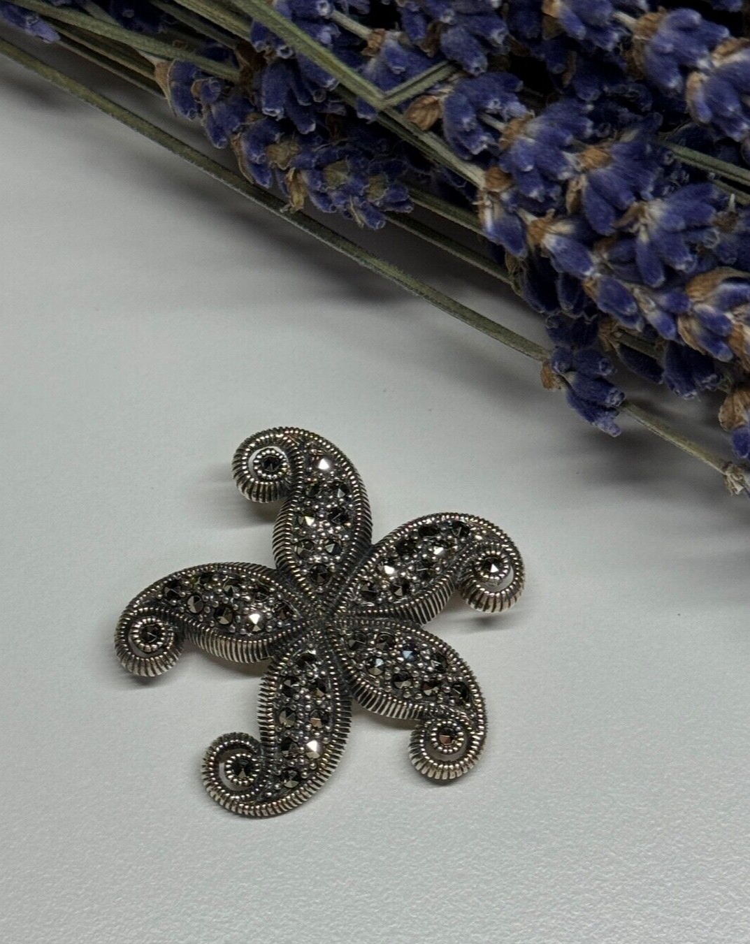 925 Sterling Silver Marcasite Starfish Brooch