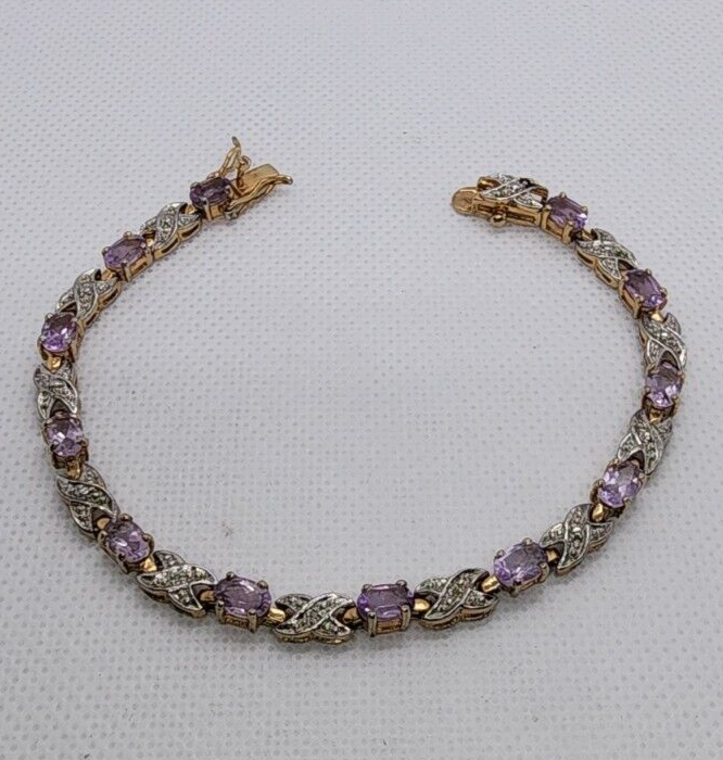925 Sterling Silver Vermeil Morganite AND Diamonds Bracelet Size 7.25 IN