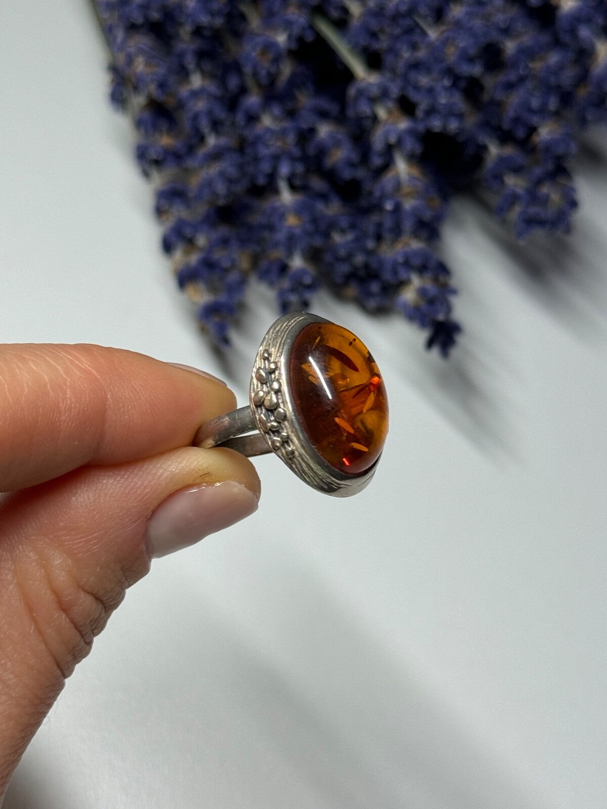 925 Sterling Silver Amber Ring Size 6