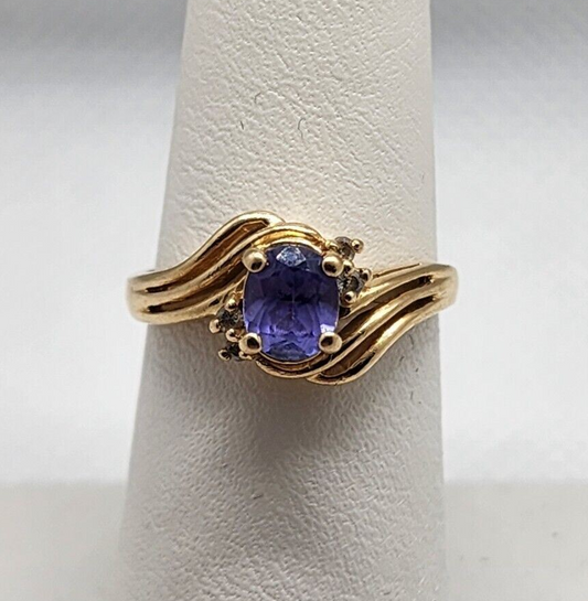 14K YELLOW GOLD RING TANZANITE & DIAMOND SIZE 6