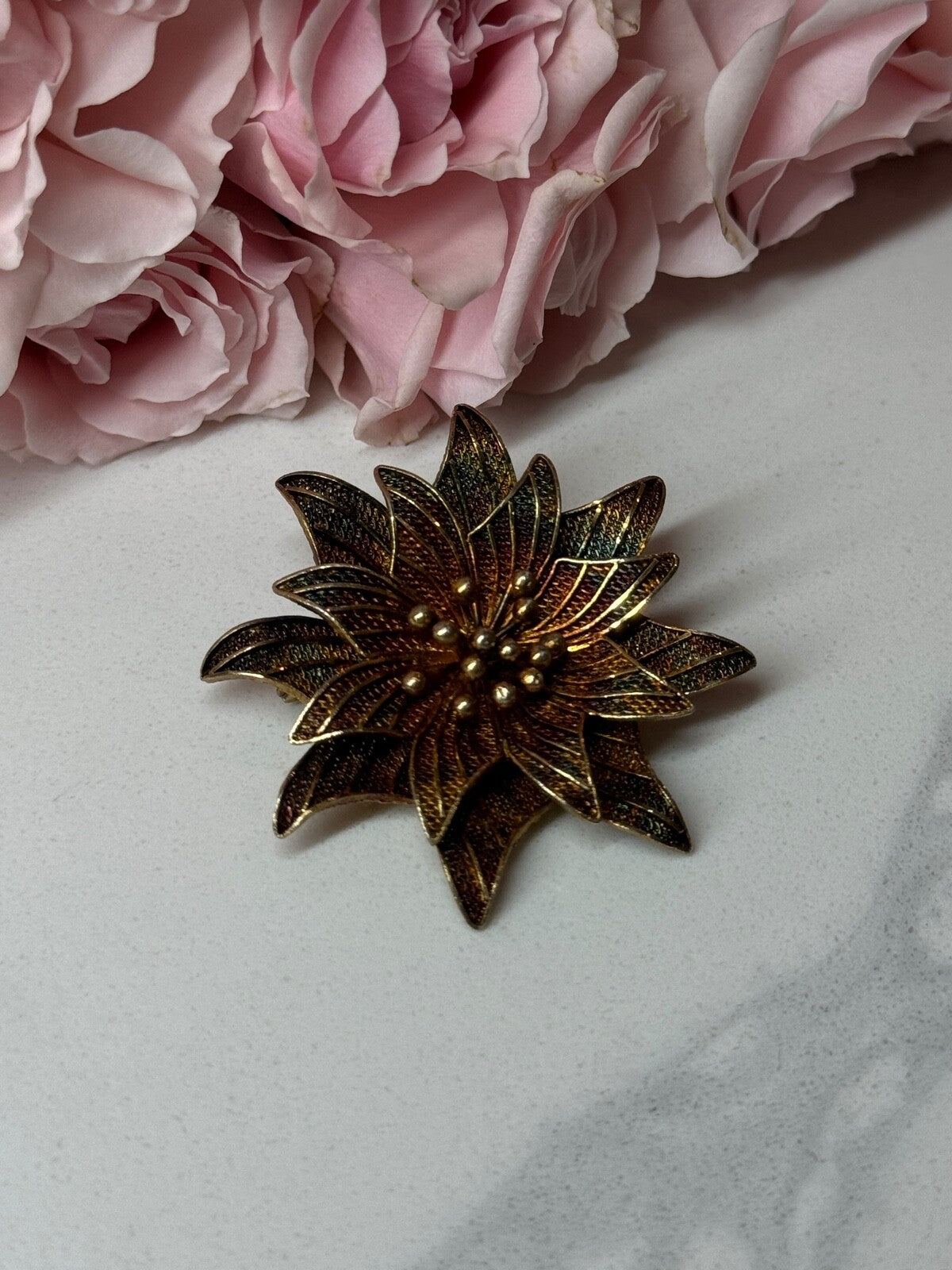 925 Sterling Silver Gold Plated Brooch Flower Length 1.6 In