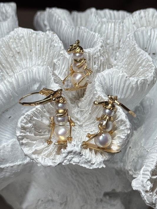 14K Yellow Gold Pearls Earrings & Pendant Skiing Snowmens ON Skis