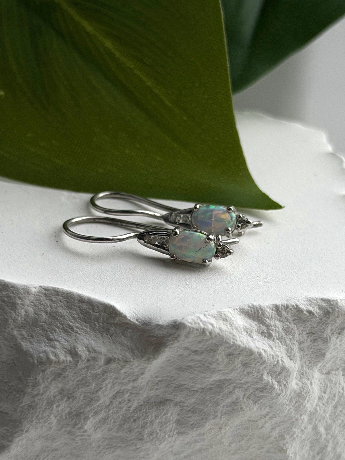 Art Deco Vintage 925 Sterling Silver Opal & Beryl Drop Earrings