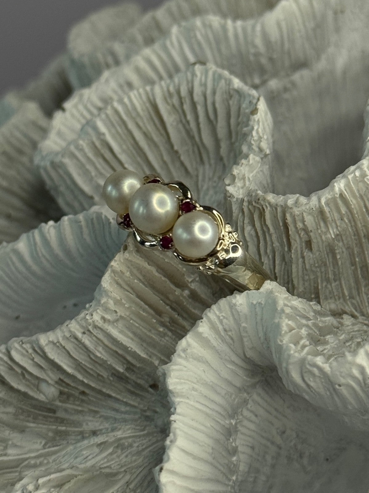 925 Sterling Silver Pearl & Ruby Ring Size 8