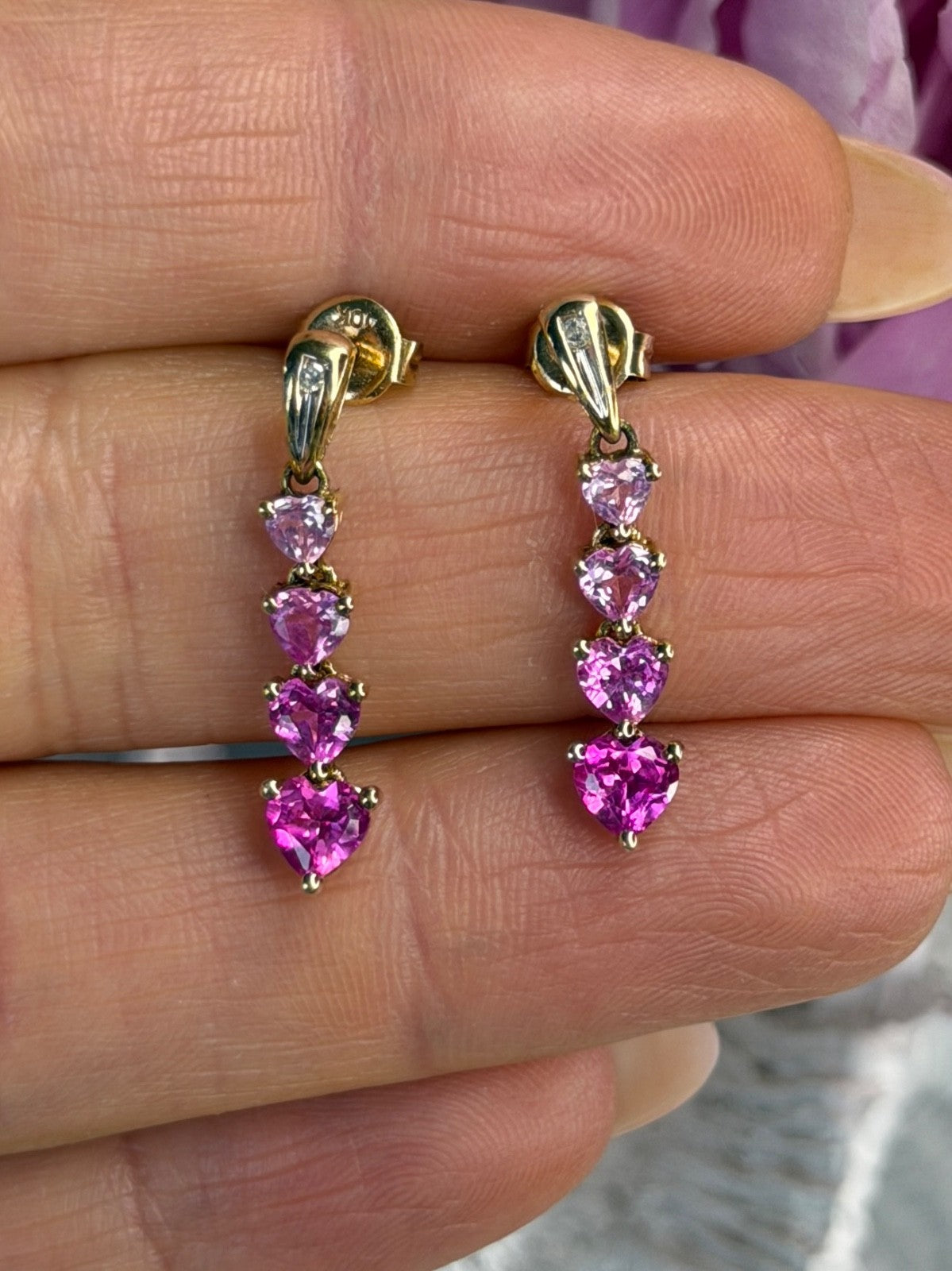 10K Yellow Gold Pink Sapphire & Diamond "Hearts" Earrings