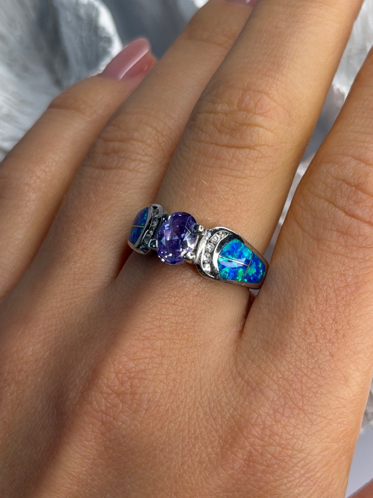 AK 925 Sterling Silver Amethyst & Opal & Beryl Ring Size 8