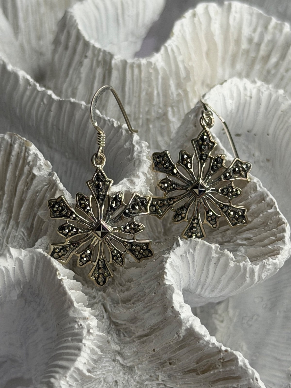 925 Sterling Silver Marcasite Snowflake Earrings