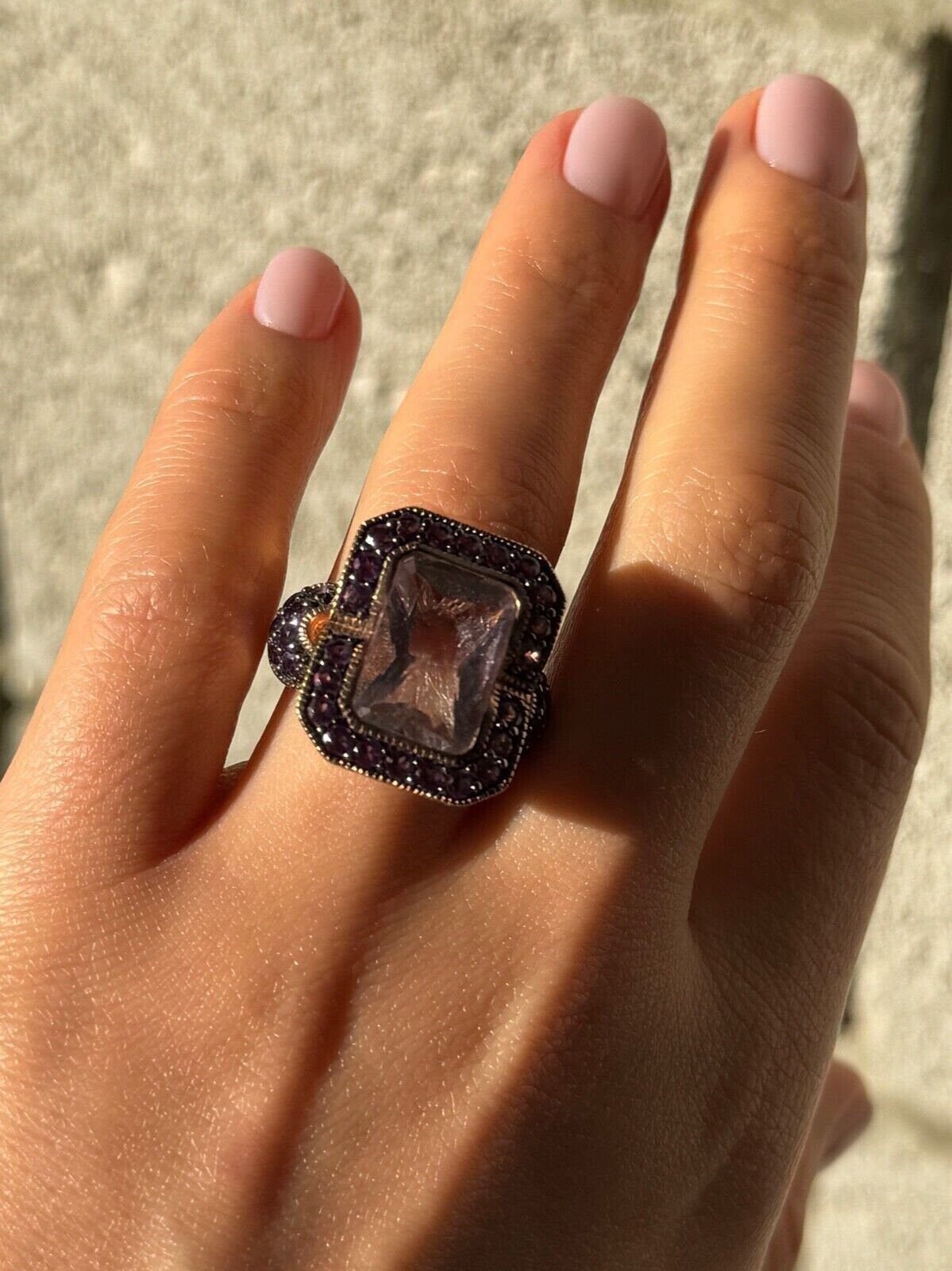 925 Sterling Silver Gold Plated Morganite & Amethyst Ring Size 6