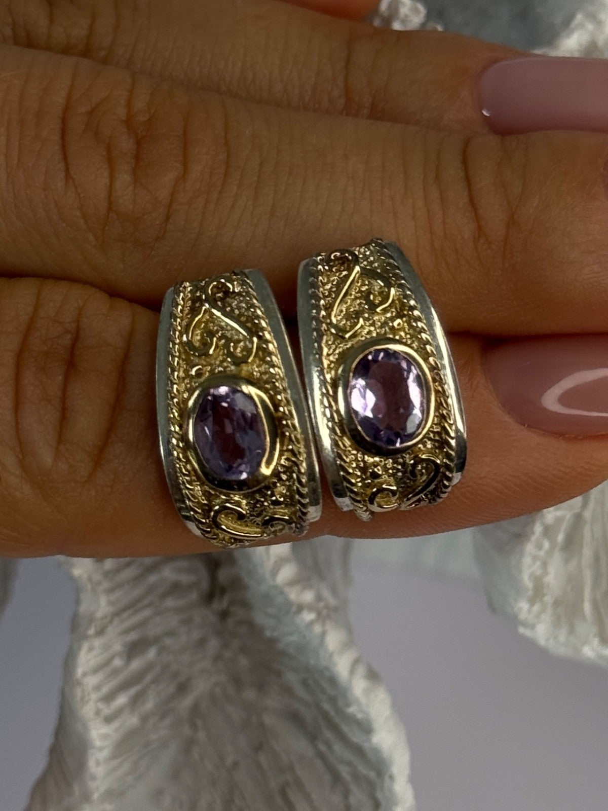 925 Sterling Silver Gold Plated Part Amethyst Earrings Length 0.70 Inch