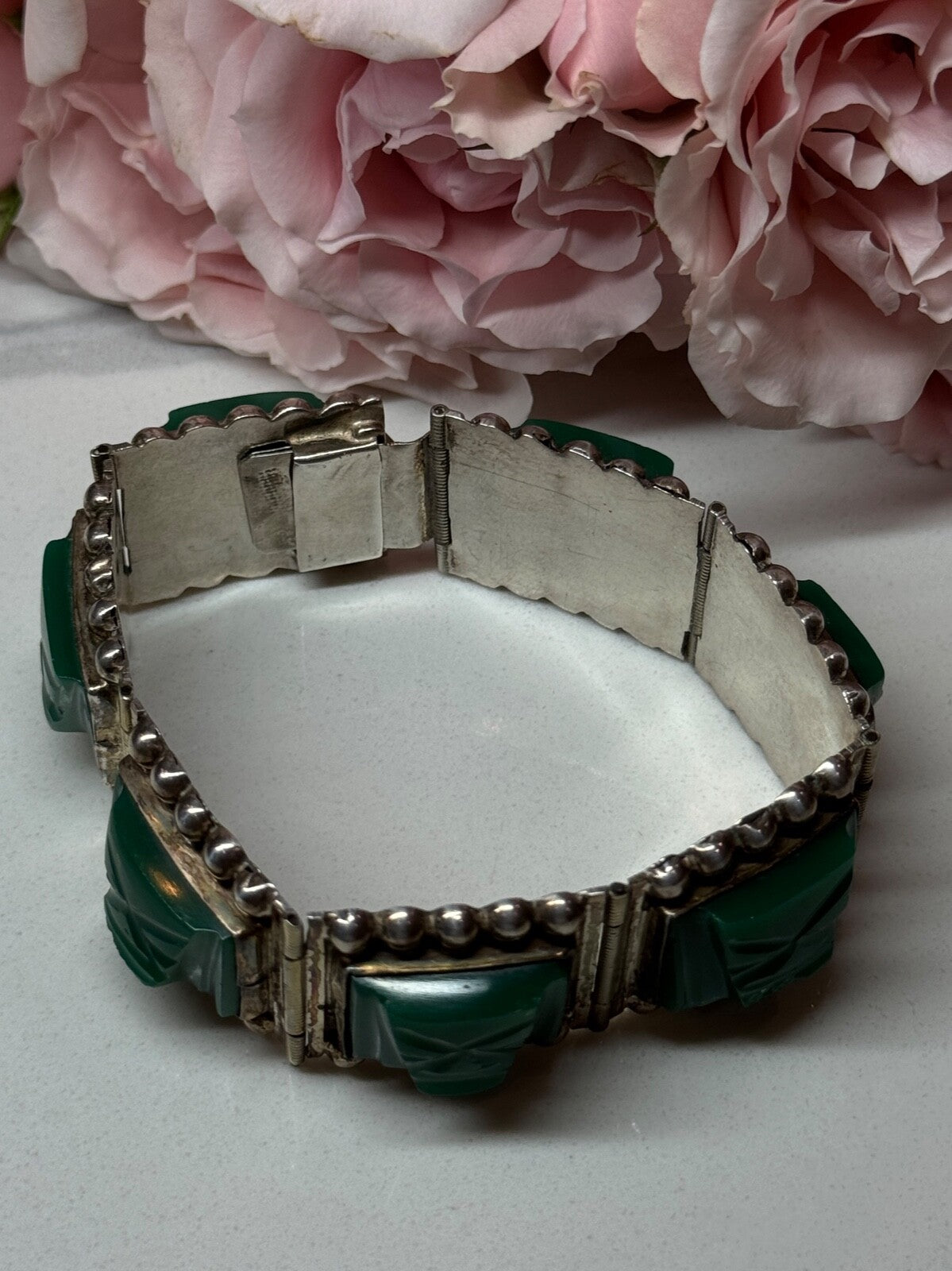 Vintage 925 Sterling Silver Green Jade Bracelet Length 7 in