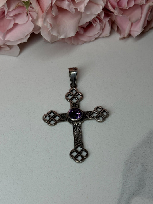 925 Sterling Silver Amethyst Cross Length 2.2 In