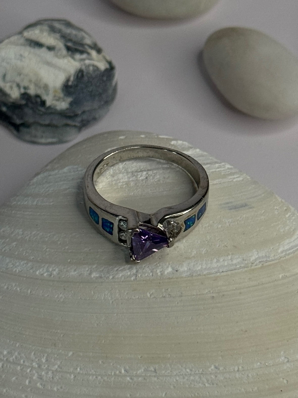 925 Sterling Silver Amethyst & Beryl & Opal Ring Size 6.5
