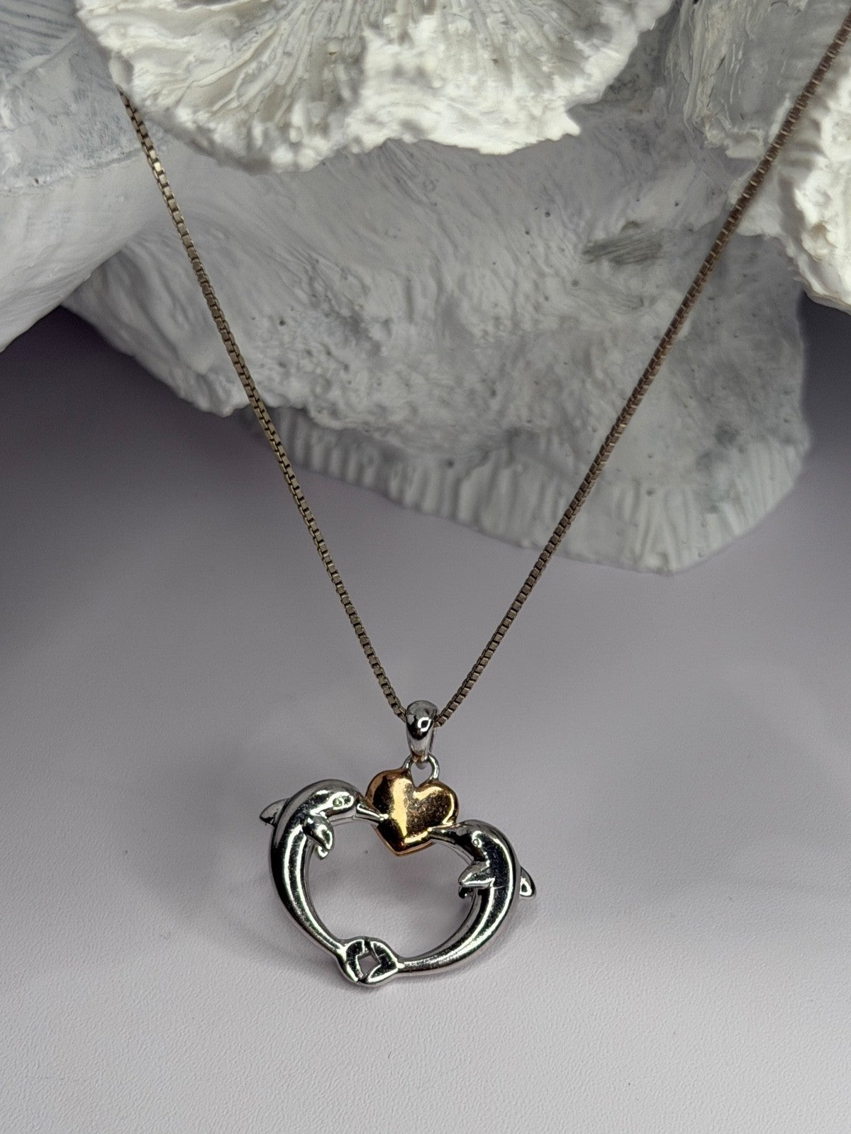 925 Sterling Silver Gold Plated Heart & Dolphins Necklace Length 18 in