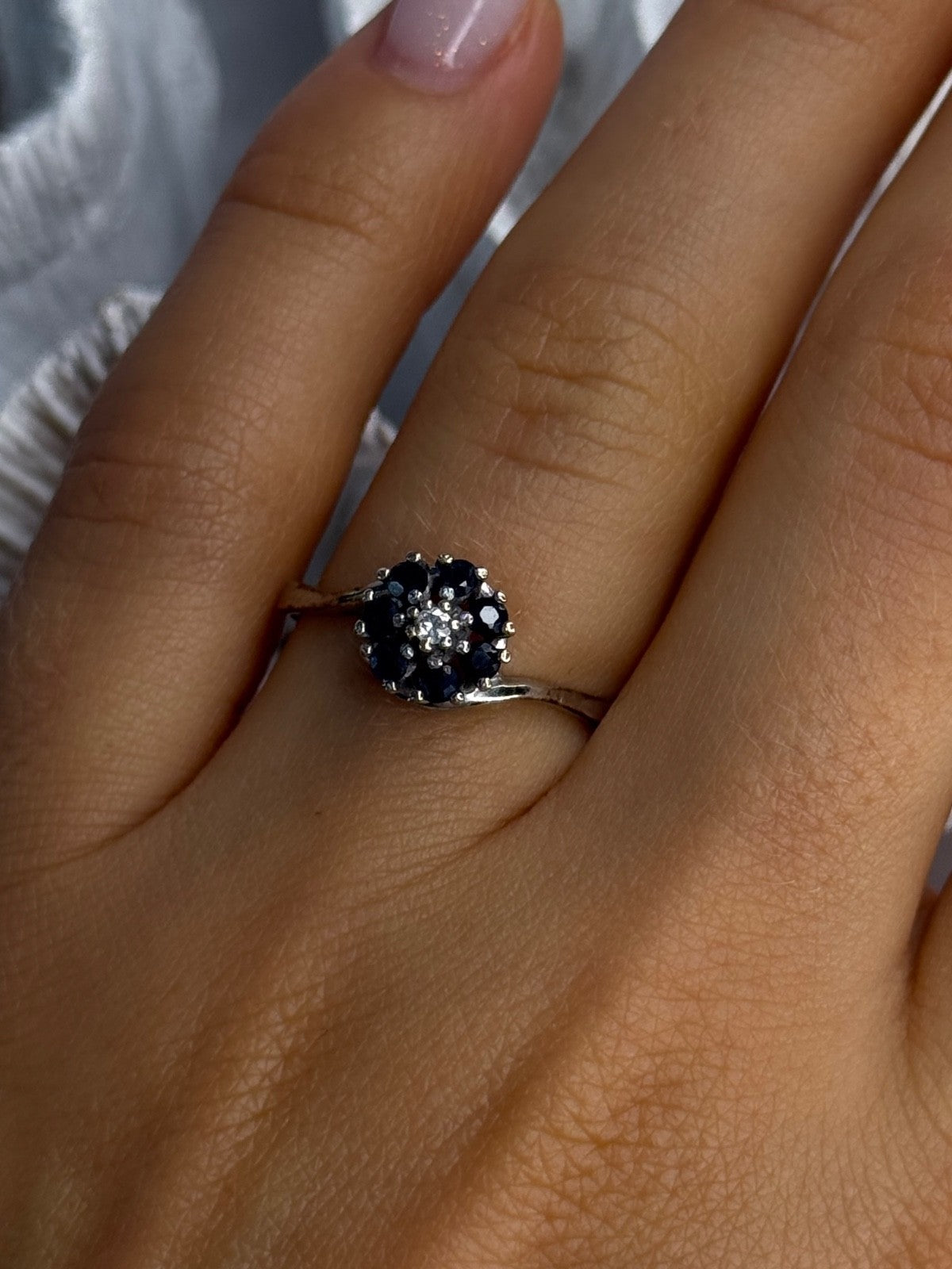 925 Sterling Silver Blue & White Sapphire Flower Ring Sizable