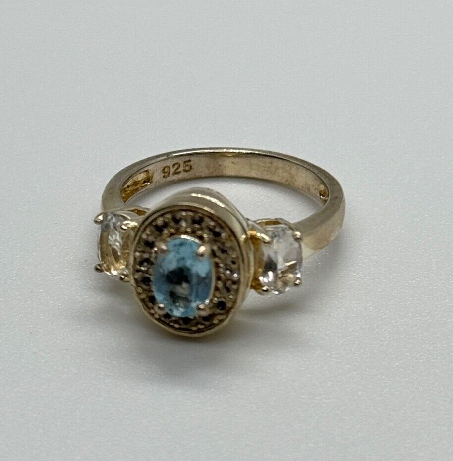 925 Sterling Silver Blue & White Topaz Ring Size 7.5