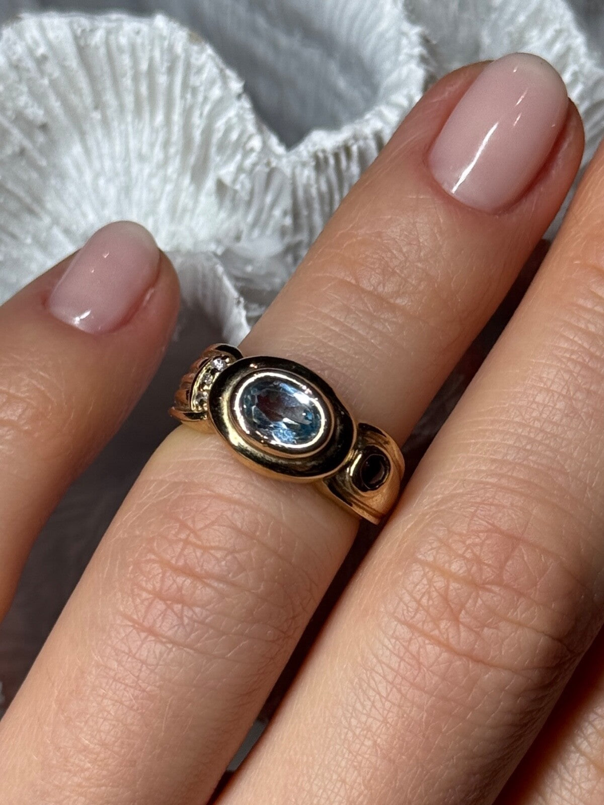 925 Sterling Silver Gold Plated Aquamarine, Garnet & CZ Ring Size 4