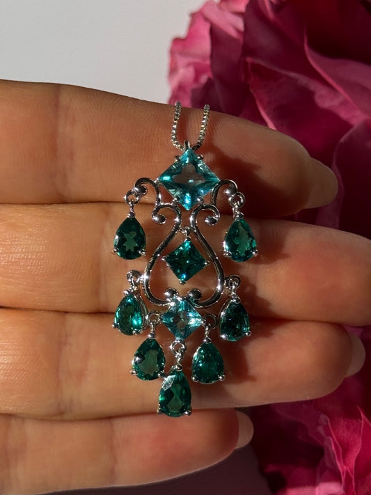 925 Sterling Silver Aquamarine & Emerald Necklace Length 17 Inch