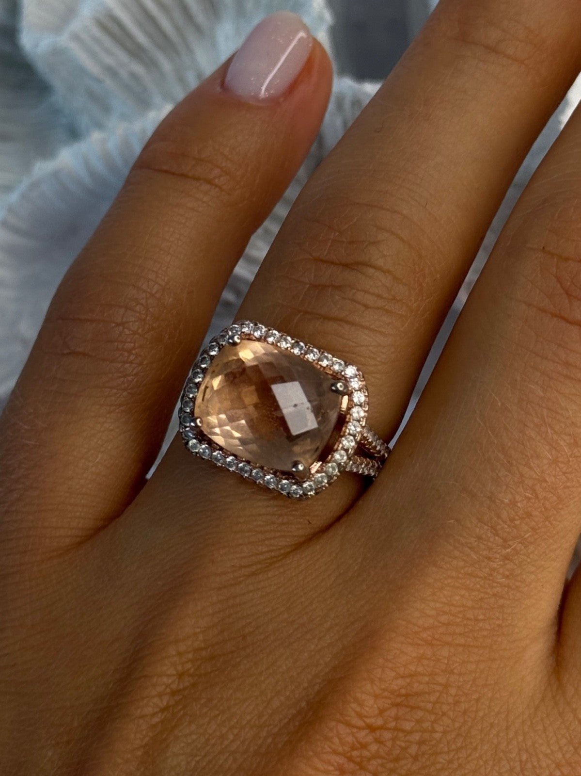 925 Sterling Silver Peach Tourmaline & CZ Ring Size 7