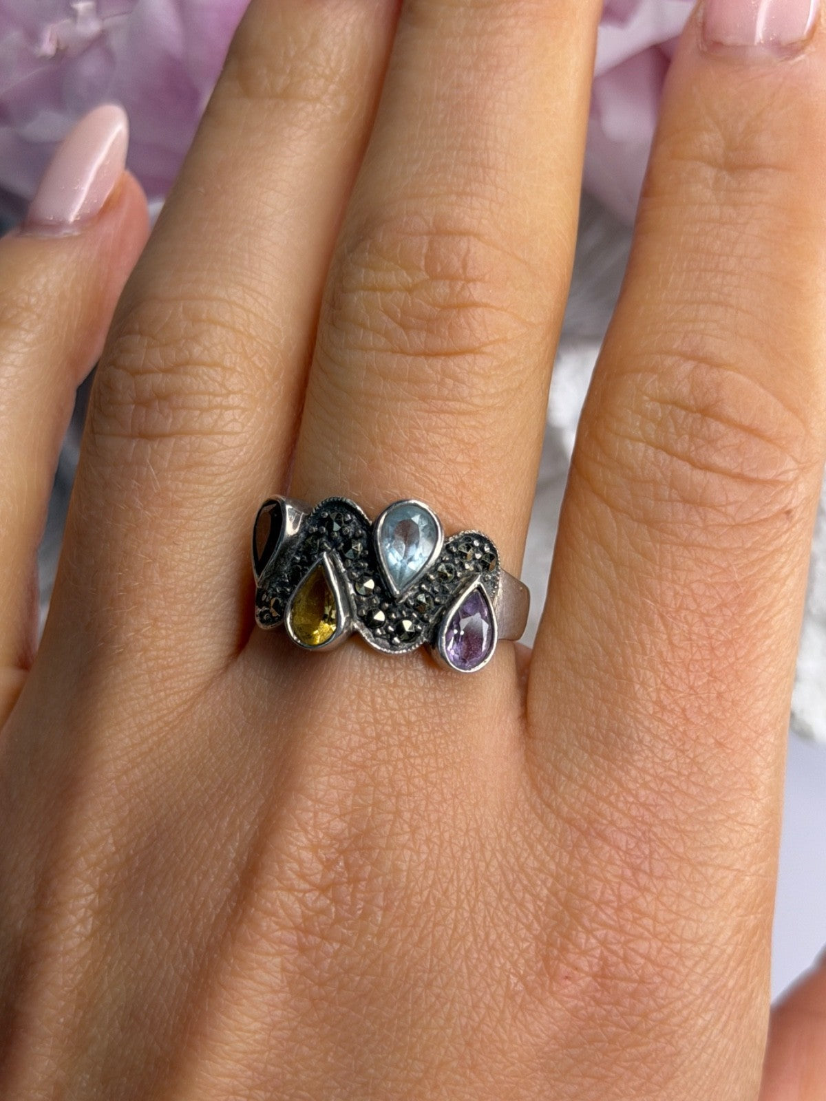 925 Sterling Silver Amethyst Topaz Citrine Garnet Ring Size 9