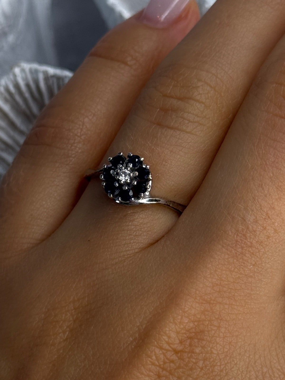 925 Sterling Silver Blue & White Sapphire Flower Ring Sizable