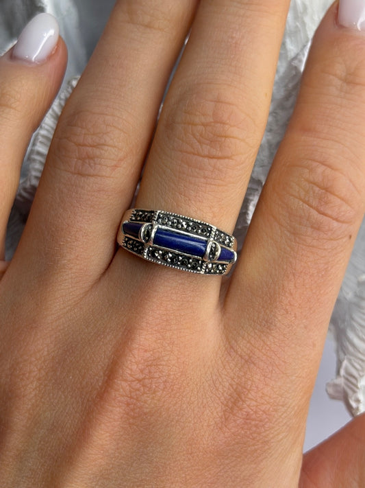 925 Sterling Silver Sodalite & Marcasite Ring Size 9