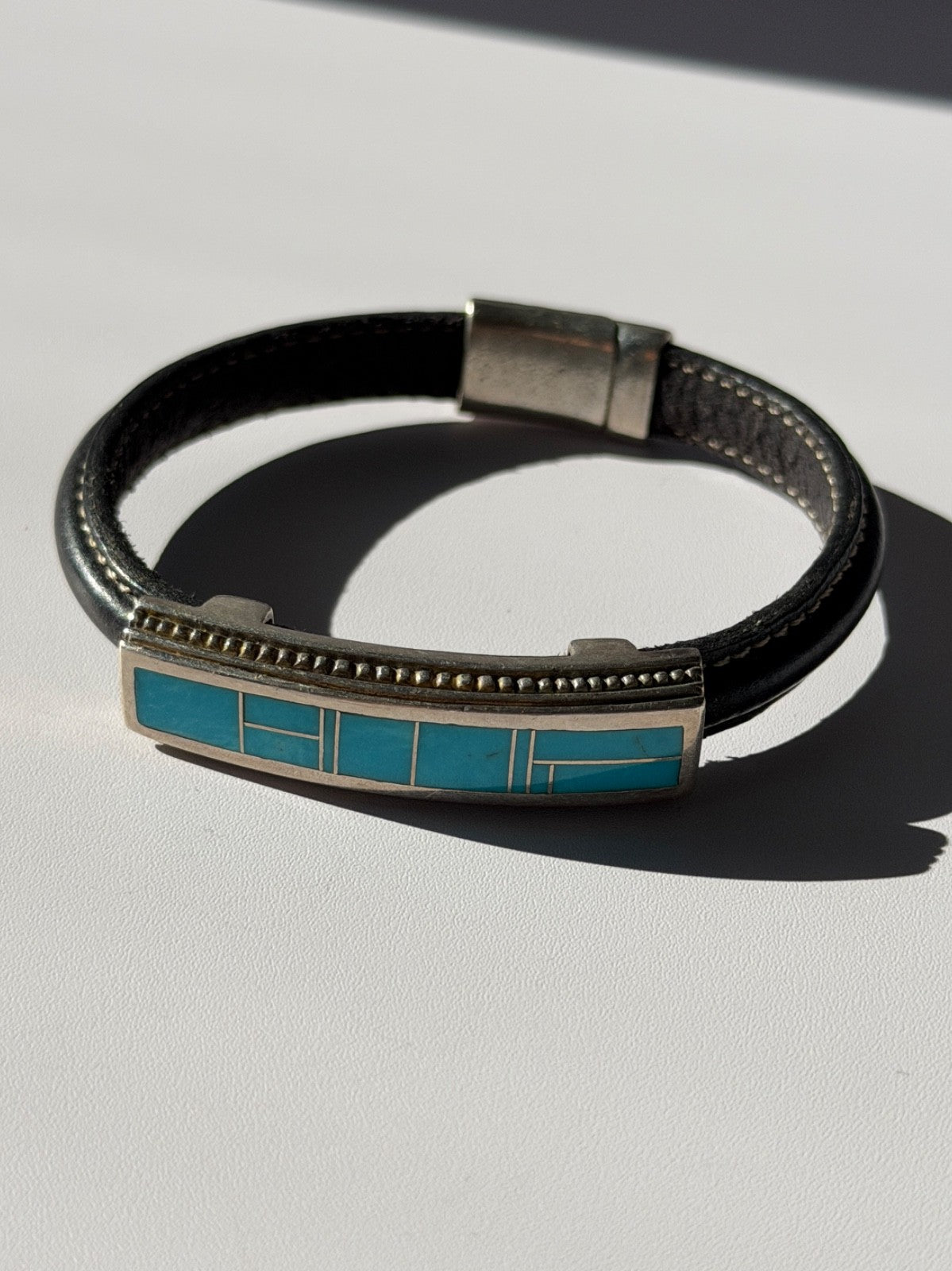 Leather & 925 Sterling Silver Turquoise Bracelet