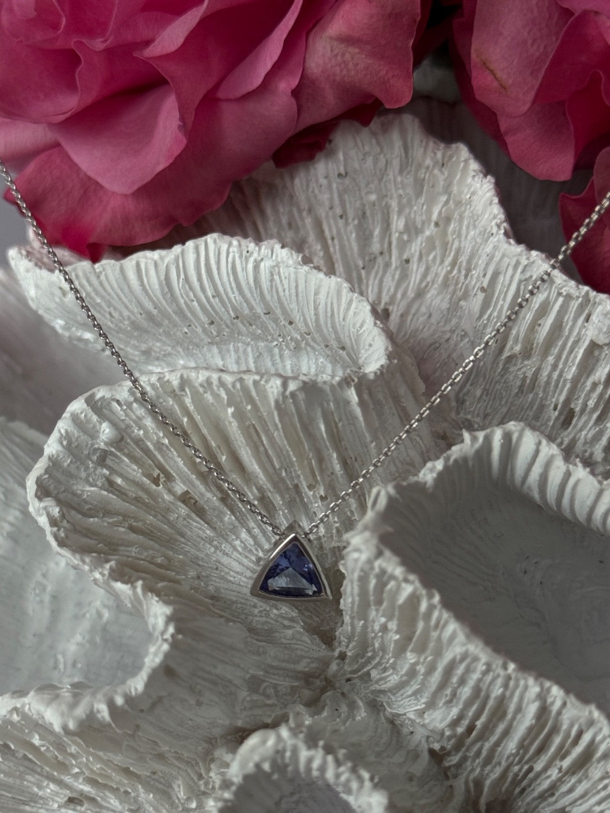 14K White Gold Tanzanite Trillion Necklace Length 18 inch