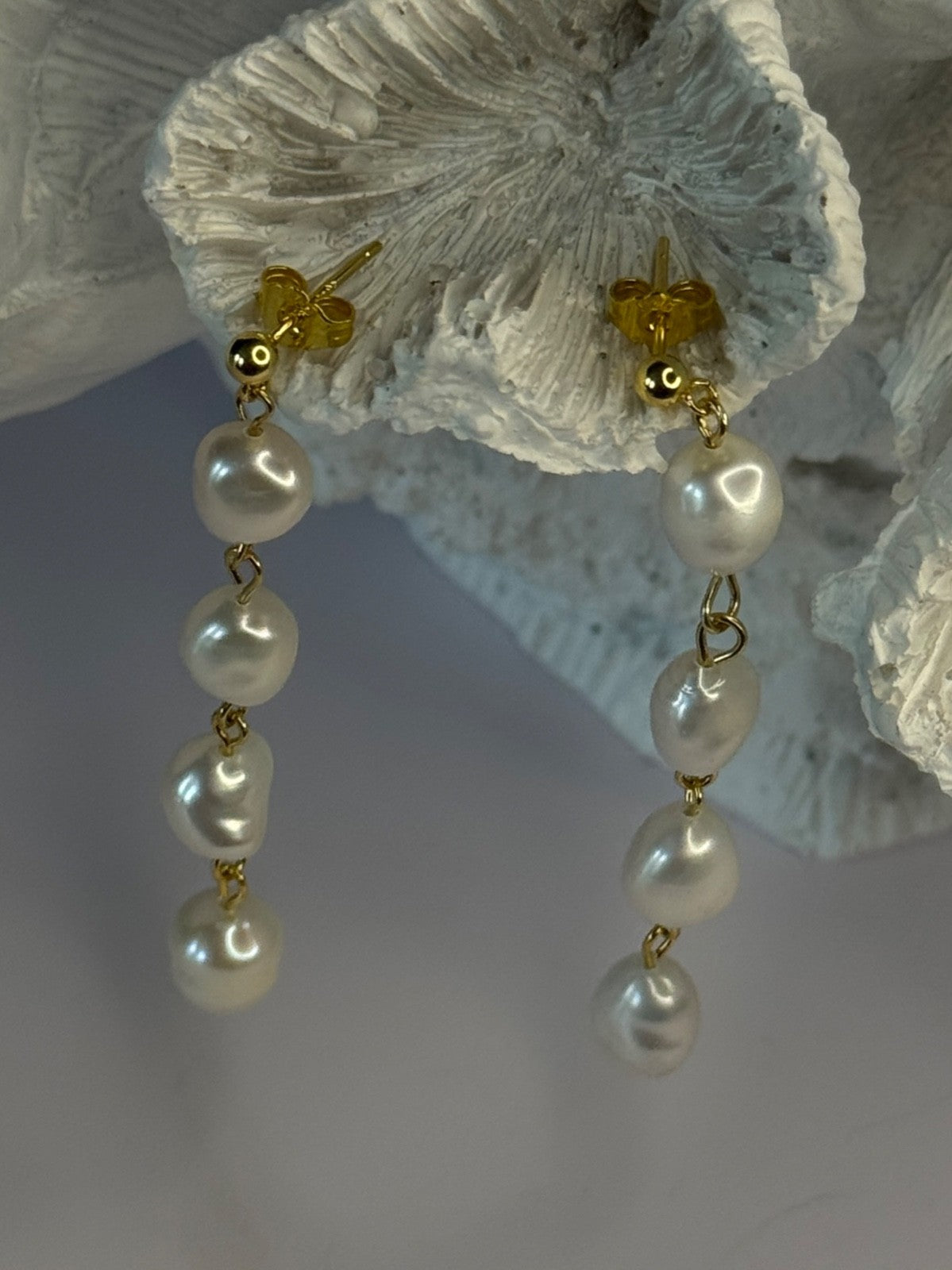 925 Sterling Silver Gold Plated Pearl Earrings Length 2.30 Inch