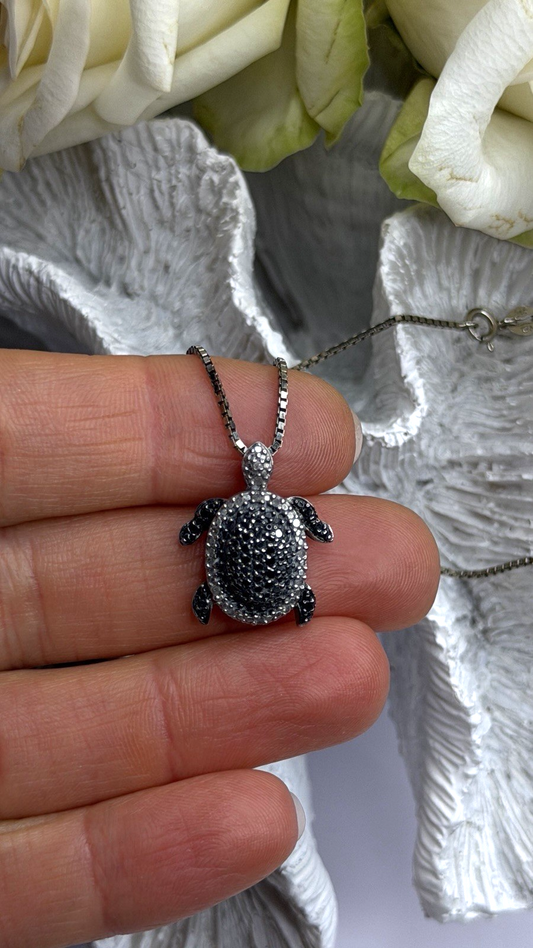 925 Sterling Silver Black & White Diamonds Sea Turtle Necklace