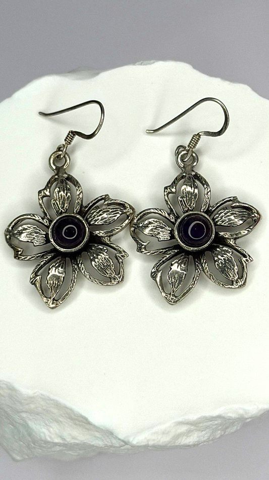 Vintage Flower 925 Sterling Silver Amethyst Earrings