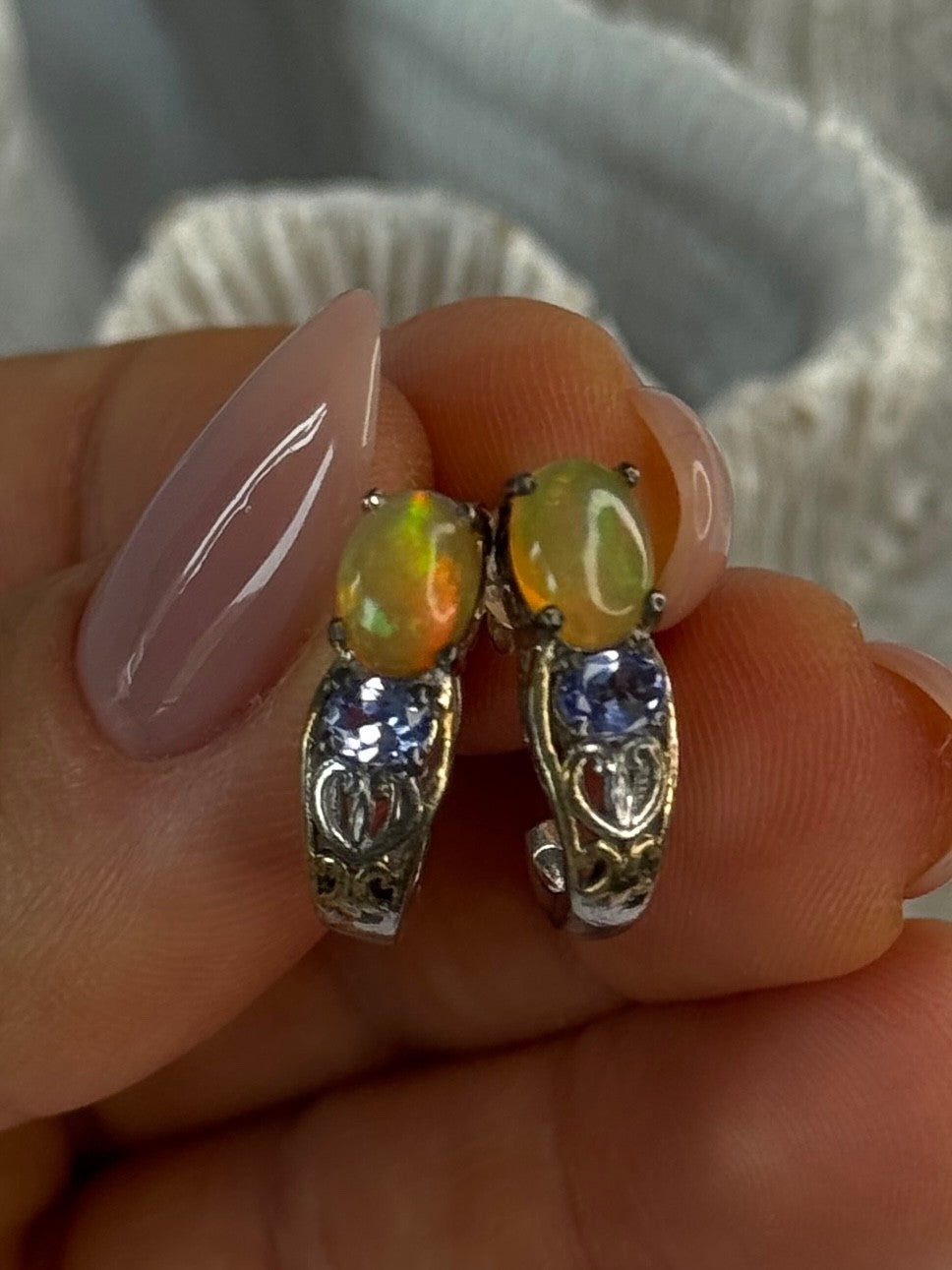 925 Sterling Silver Yellow Opal & Tanzanite Earrings Length 0.70 Inch