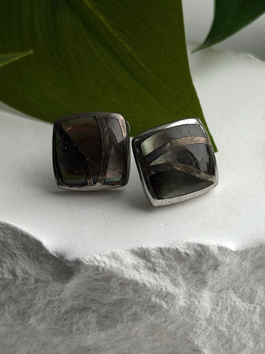 Vintage Modernist Retro 925 Sterling Silver Dark Mother of Pearl Earrings