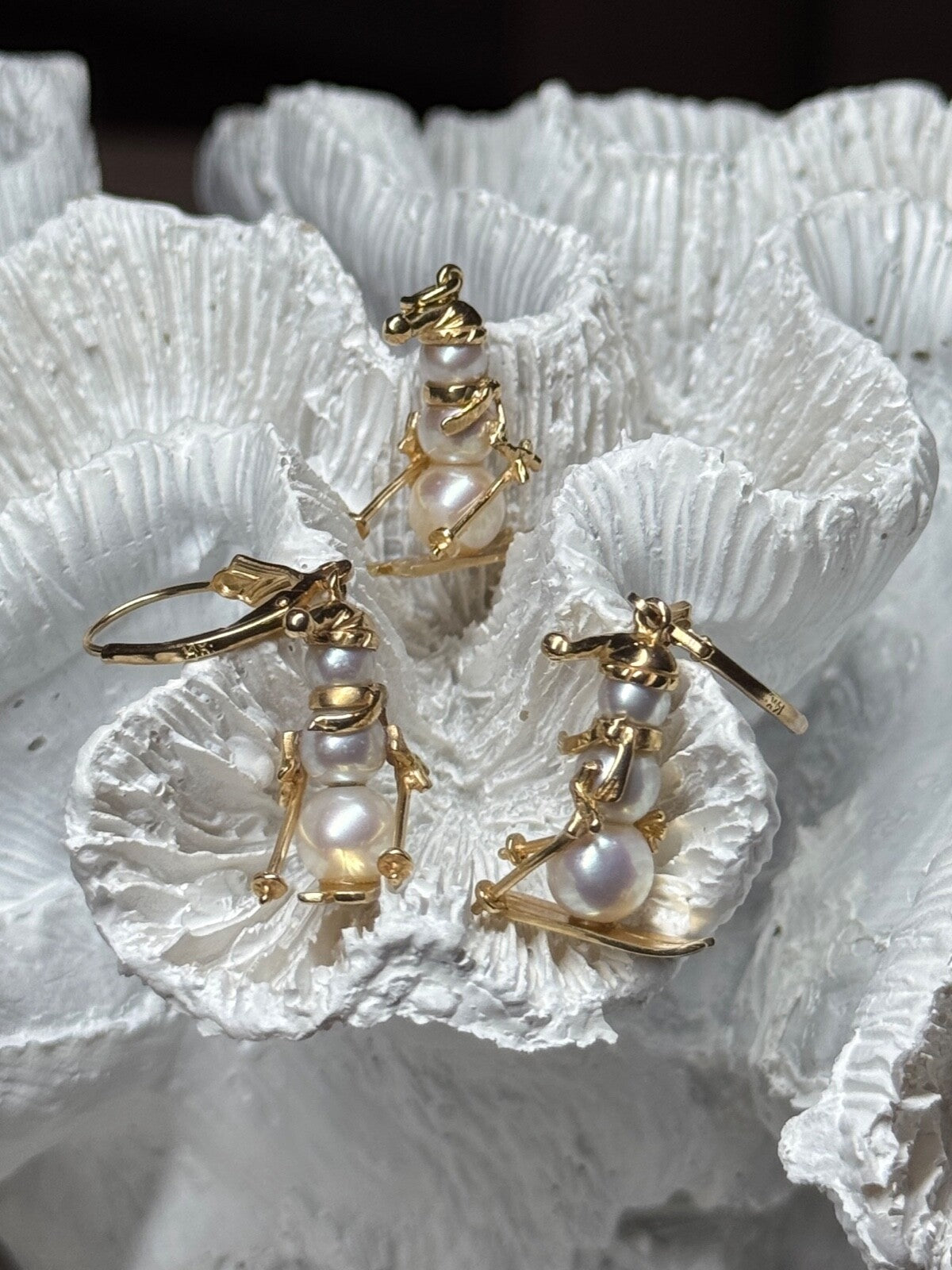 14K Yellow Gold Pearls Earrings & Pendant Skiing Snowmens ON Skis