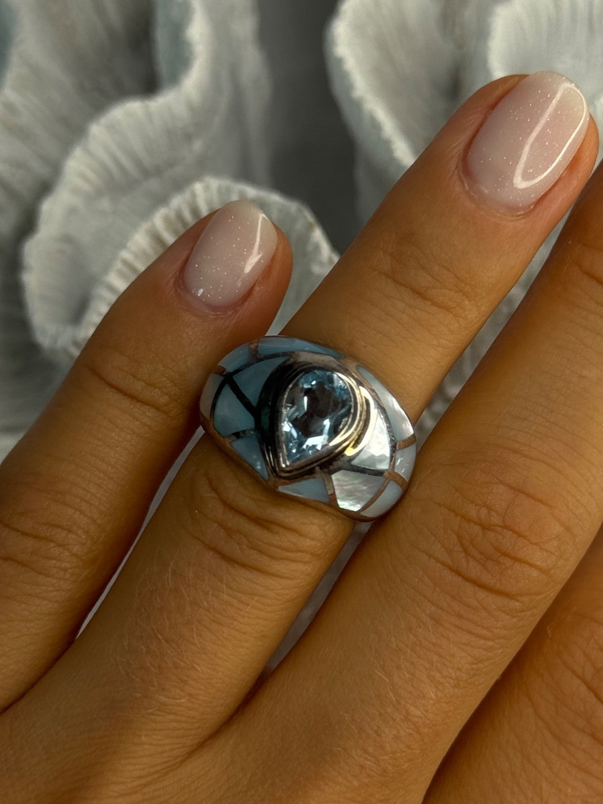 925 Sterling Silver Beautiful Blue Abalone & Topaz Ring Size 6