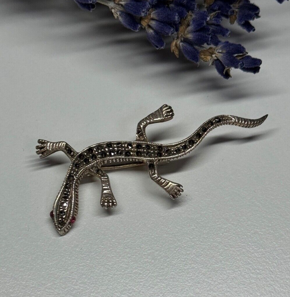 925 Sterling Silver Ruby & Marcasite Lizard Brooch