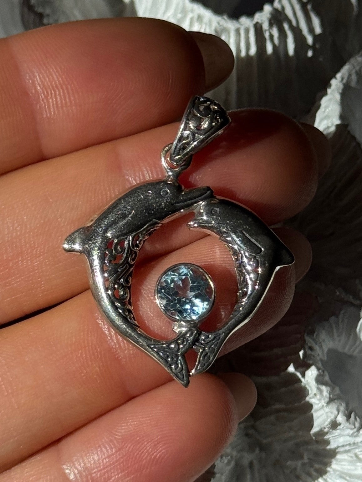 925 Sterling Silver Dolphins Topaz Pendant