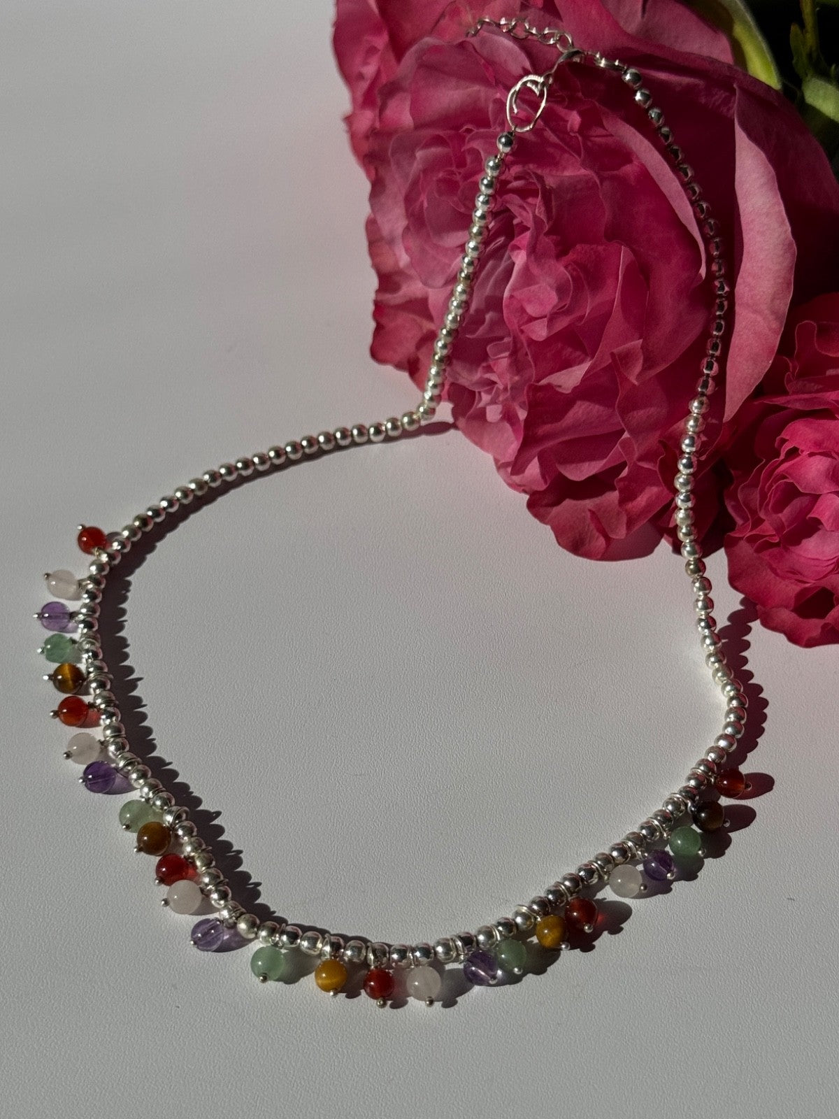 925 Sterling Silver Multi Color Agate Necklace Length 15/18 Inch