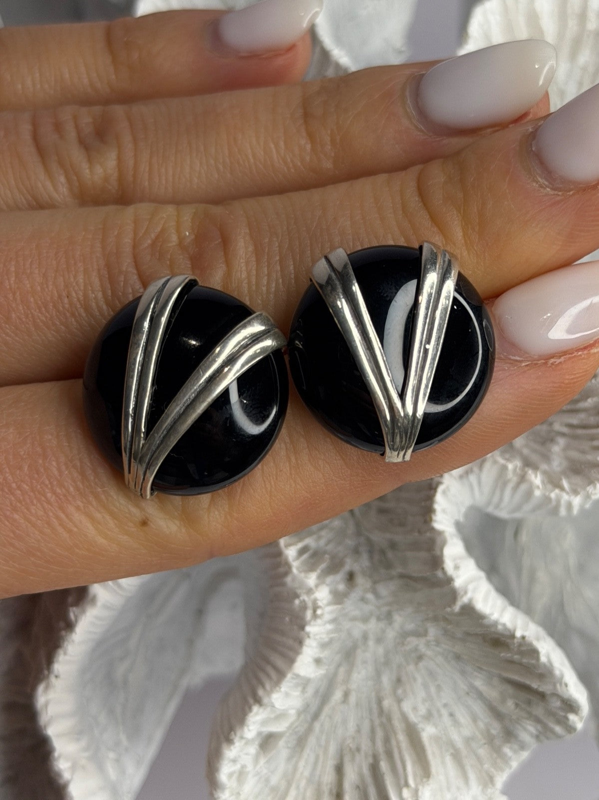 Vintage 925 Sterling Silver Black Onyx Earrings