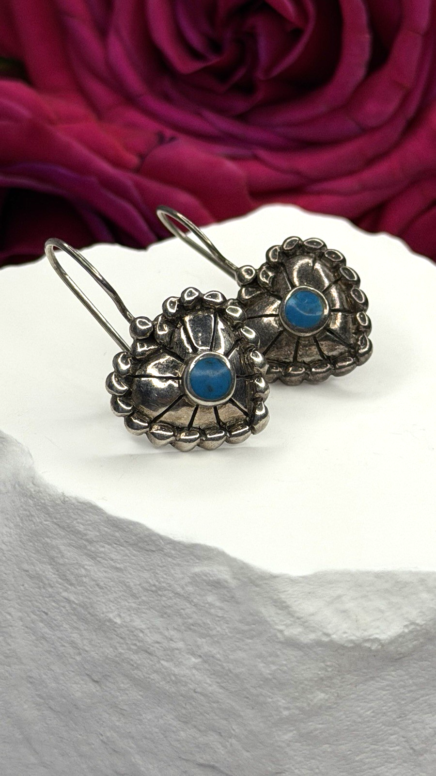 Vintage 925 Sterling Silver Blue Turquoise Heart Earrings
