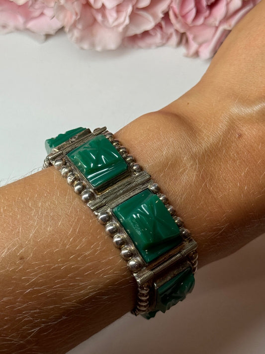 Vintage 925 Sterling Silver Green Jade Bracelet Length 7 in