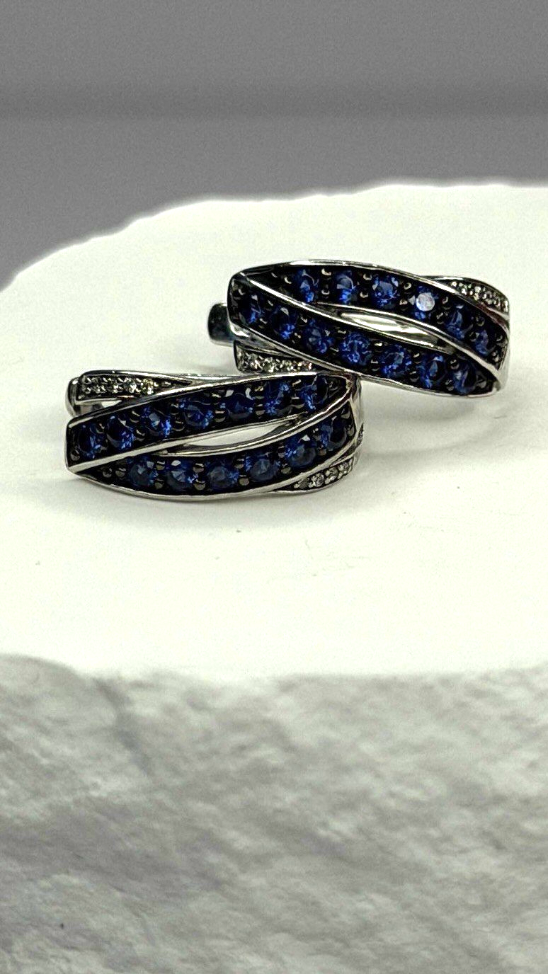925 Sterling Silver Blue & White Sapphire Stones Earrings