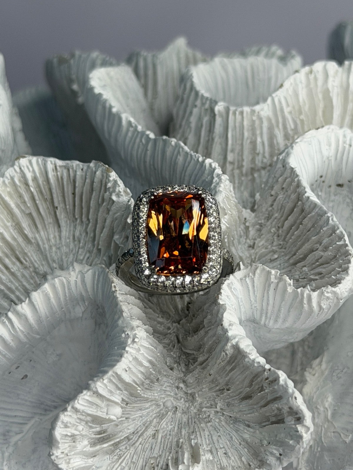 925 Sterling Silver Orange Crystal & Cz Ring Size 5