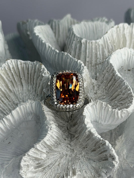 925 Sterling Silver Orange Crystal & Cz Ring Size 5