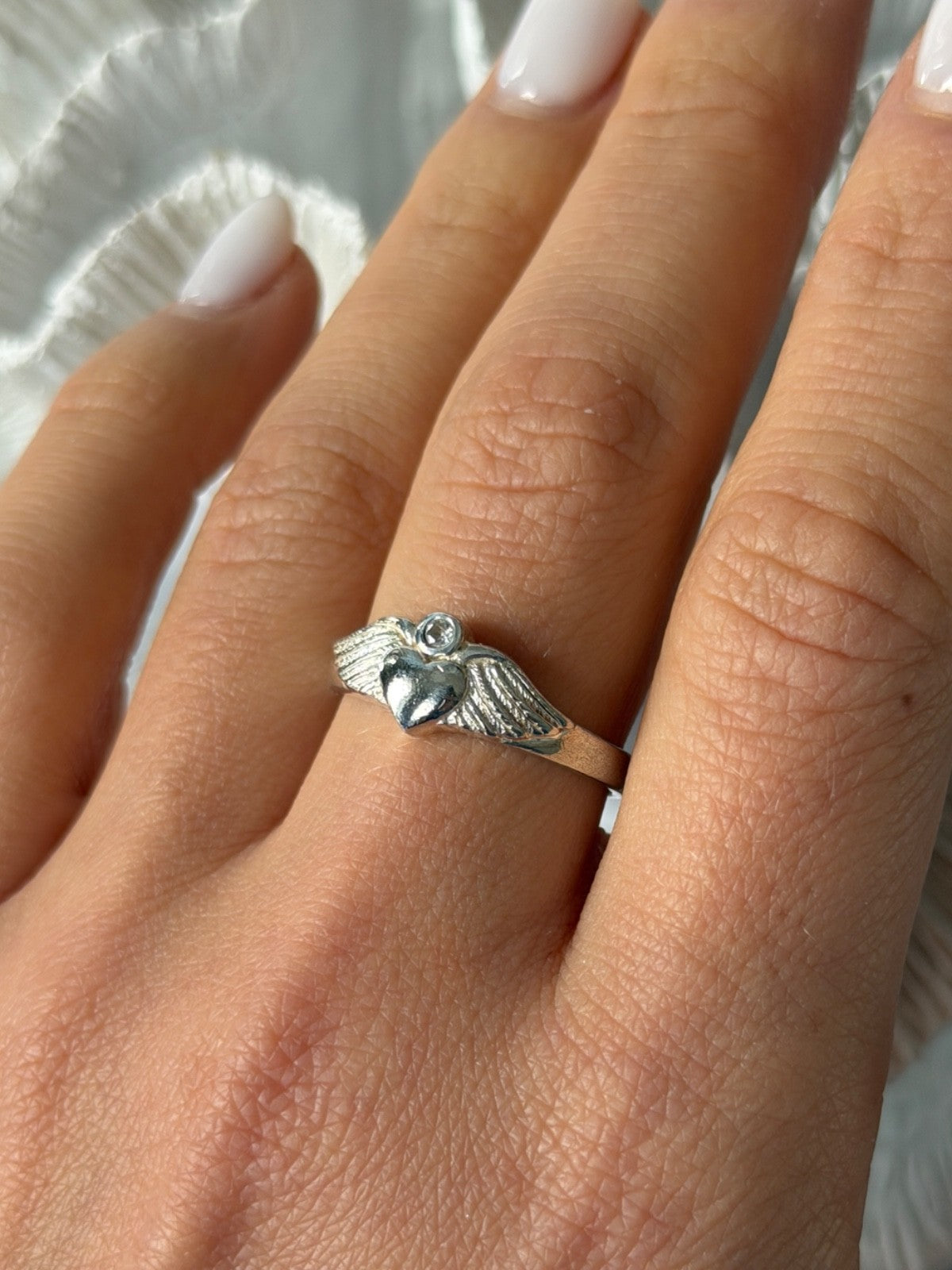 925 Sterling Silver Heart Wings Colorless Topaz Ring Size 9