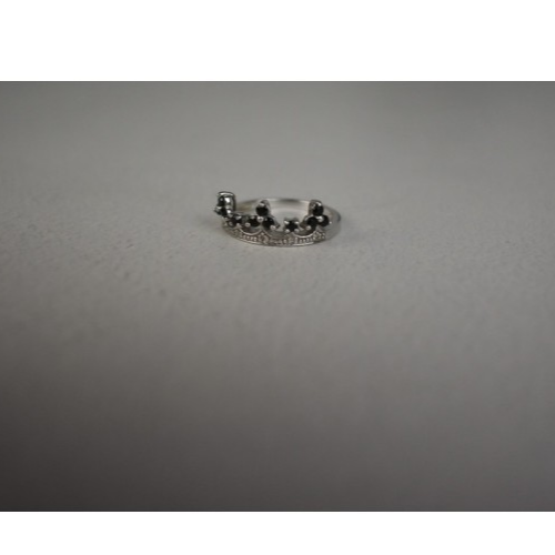 925 Sterling Silver Black Nephrite & Colorless Topaz "Crown" Ring Size 6.5