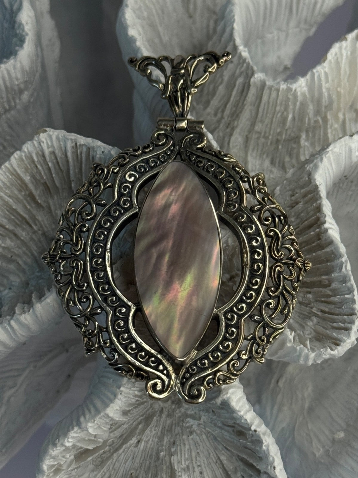 Vintage 925 Sterling Silver Abalone Pendant Length 2.60 Inch