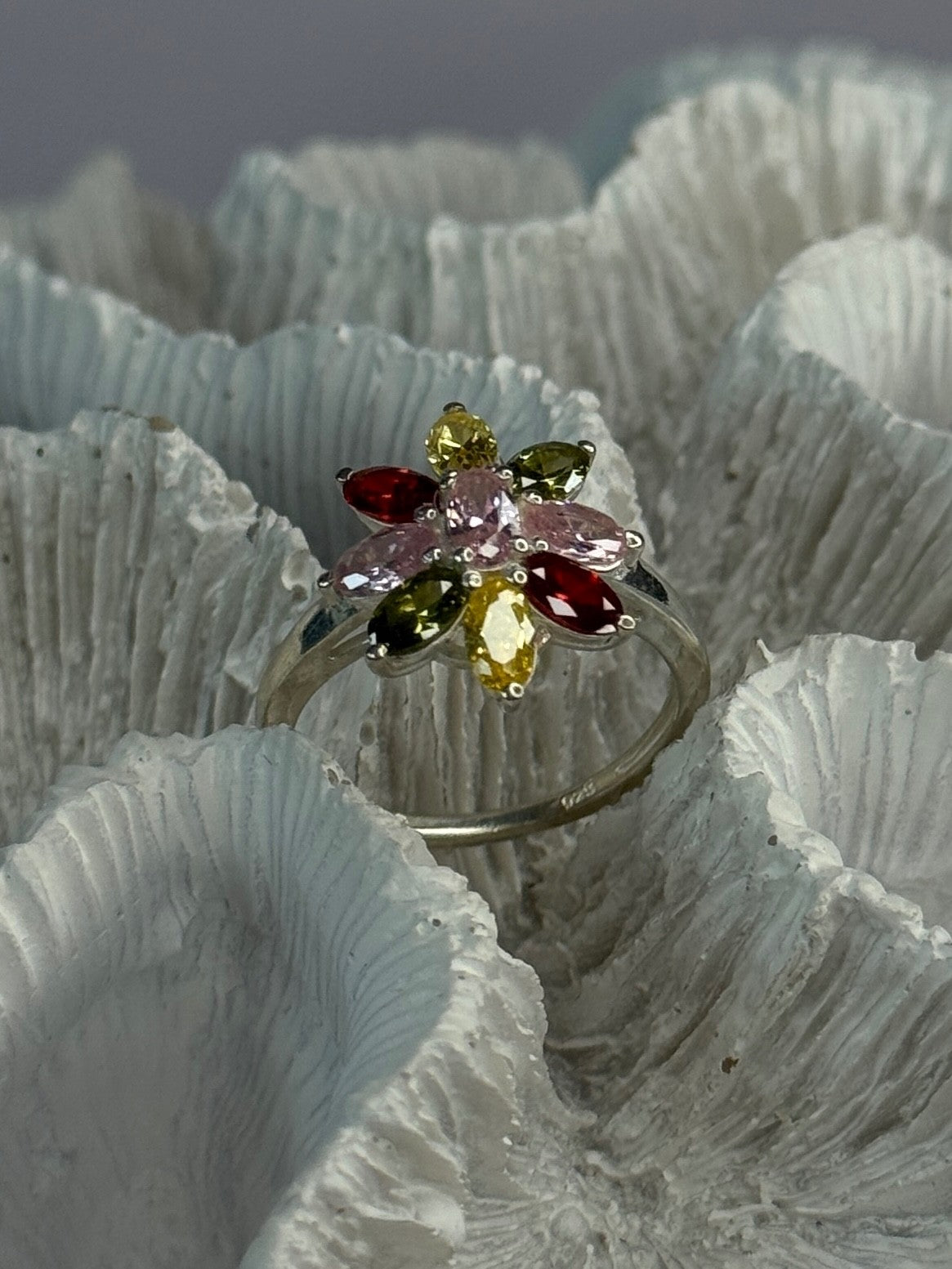 925 Sterling Silver Multi Color Spinel Flower Ring Size 7