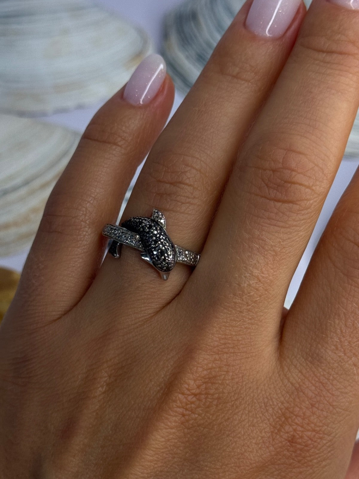 925 Sterling Silver Dolphin Diamond Ring Size 7
